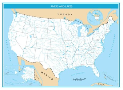 USA Rivers and Lakes Blank Map GLOSSY POSTER PICTURE PHOTO PRINT BANNER 12112