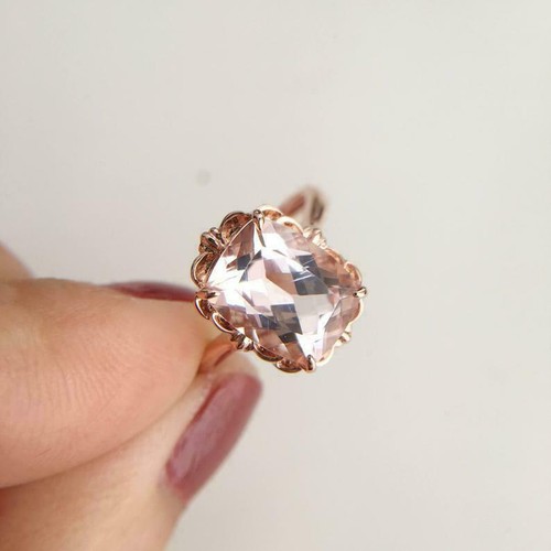 2Ct Cushion Cut Peach Morganite Engagement Wedding RIng 14k Rose Gold Finish