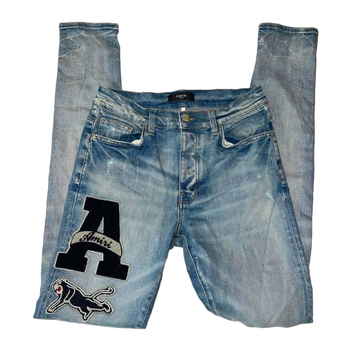 Amiri Embroidered Varsity Patch Distressed Denim Jeans Size 32 | eBay