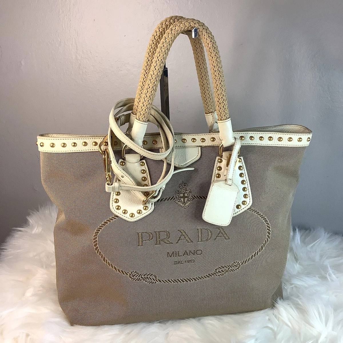 Prada White Beige Canvas Jacquard Logo Studded Top Handle Bag