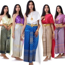 Traditional Thai Lao Khmer Woman Wedding Dress Vintage Silk Wrap Skirt Satin Top