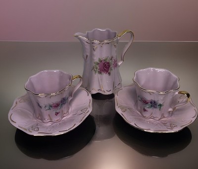 H&C  Porzellan Czech Republic Hand Painted Pink Gold Tea Cups, Saucers & Creamer
