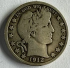 1912 S Barber Half Dollar, 3 Letters showing on band, Mintage 1,370,000, ASW .36