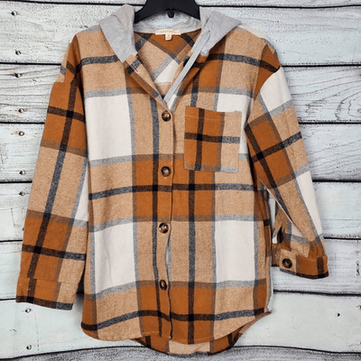 Reborn J Women s Plaid Button Front Hoodie Flannel Shirt Jacket Size S