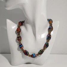 Gorgeous Murano Millefiori Style Art Glass Bead Necklace 16" Length