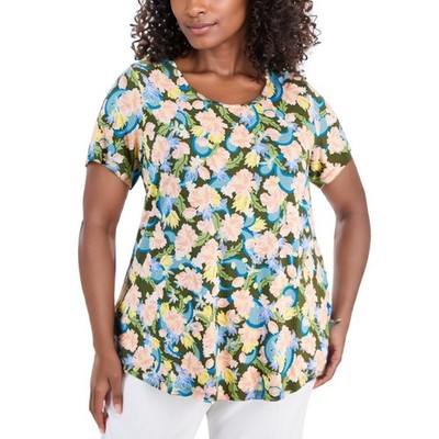 JM Collection Top Womens Plus 2X Avocado Garden Floral Scoop Neck Short Sleeve