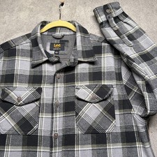 Lee Men  s Plaid Flannel Shacket Gray Black Snap Button Shirt Jacket Large