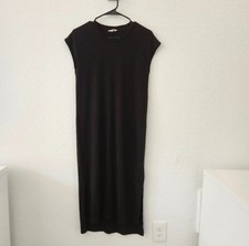 Madewell Dress Womens Small Black LBD Muscle Midi Cap Sleeve High Low Hem Slits