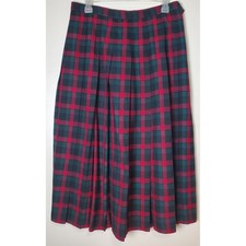 Vintage Pendleton Red Green Tartan Plaid Pleated Midi Skirt Virgin Wool 14 USA