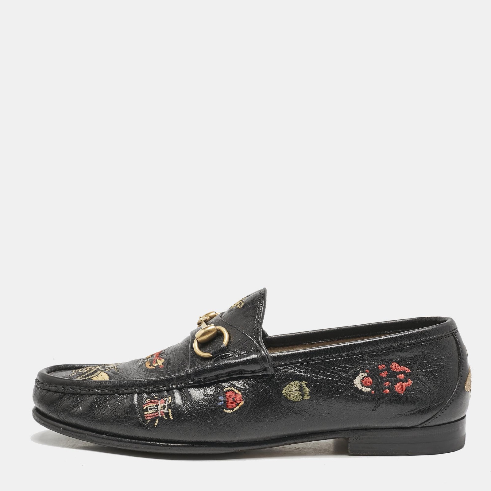 Gucci Black Embroidered Leather Horsebit Loafers Size 40.5 1953 Design