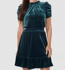 MSK Women's Green Ruffle-Neck Fit-Flared Velvet Dress Petite Size PS