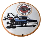 Vintage Chevrolet Sign - Felix Dont Touch Automobile Gas Pump Porcelain Sign