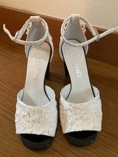 CHANEL Lace COCO MARK Straps Sandals Mules Pumps Size 36 White USED Auth #S3599