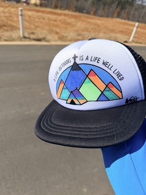 Vintage Style REI Trucker Hat - Rainbow Mountain Graphic Snapback -Gorpcore Mesh
