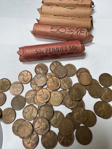 1950 S WHEAT CENT PENNIES - LOT OF FIVE ROLLS - XF - SOME 49 S AND 54 S