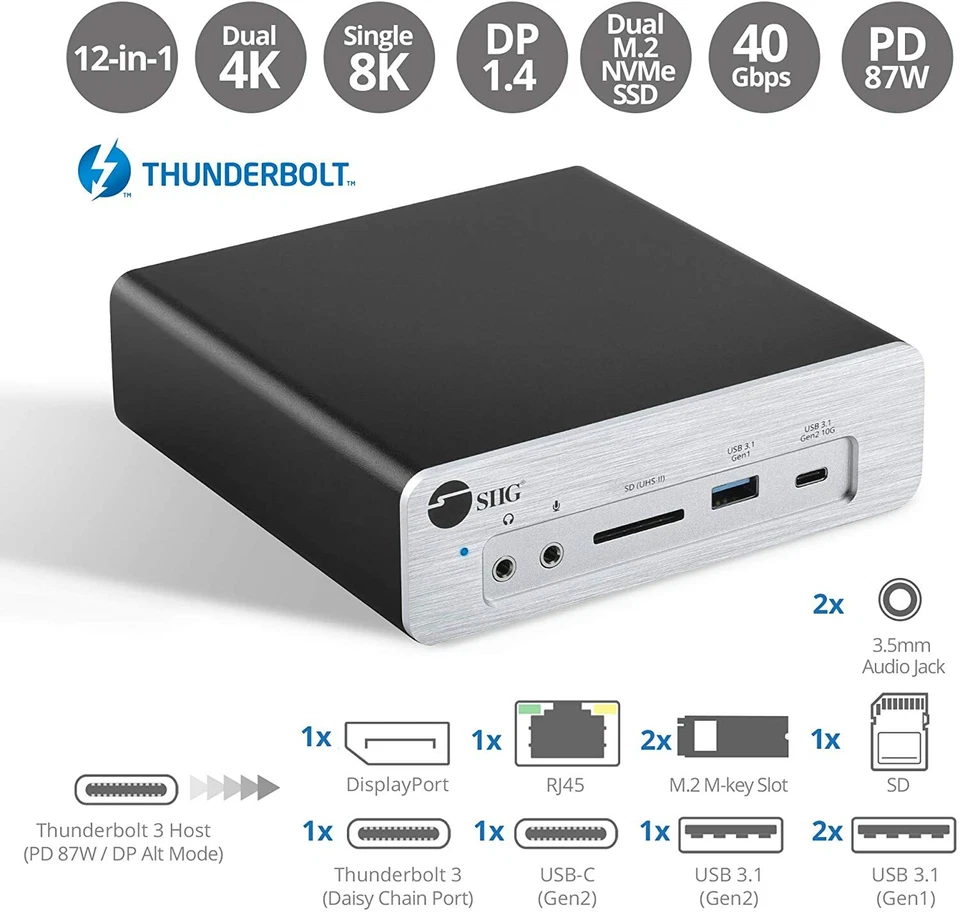 SIIG Thunderbolt 3 DisplayPort 1.4 Docking Station w/ Dual M.2 NVMe SSD & 87W PD - Image 2 of 4