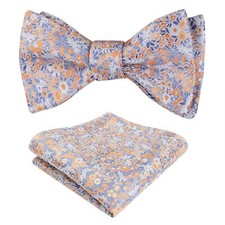 Mens Classic Floral Pattern Self-tied Bow Tie and Handkerchief Set Blue Orange