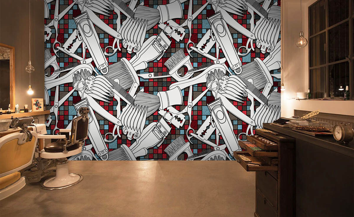 Papier Peint Autocollant 3D Salon Coiffure - Mural R1678 Style Salon Barber Shop Avec Panda
