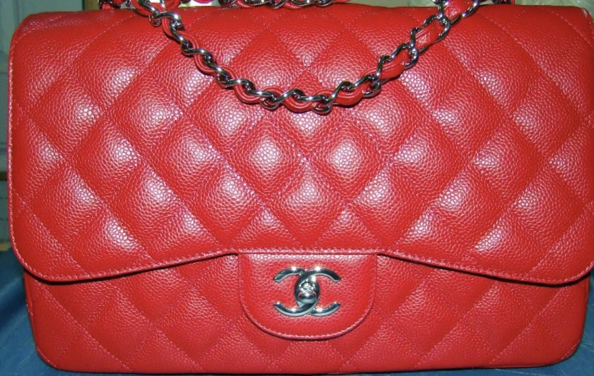 Chanel Classic Double Flap Quilted Caviar Silver-tone Jumbo Red - US