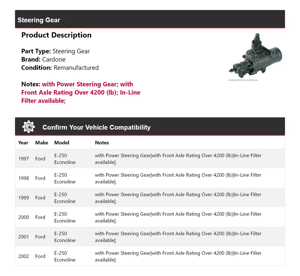 Para Ford E-250 Econoline 1997-2002 engranaje de dirección Cardone 1998 1999 2000 2001 Foto 2 de 4