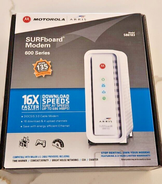 ARRIS Surfboard SB6183 Cable Modem DOCSIS 3.0 w/ Original Box, Pwr, Ethernet Cbl