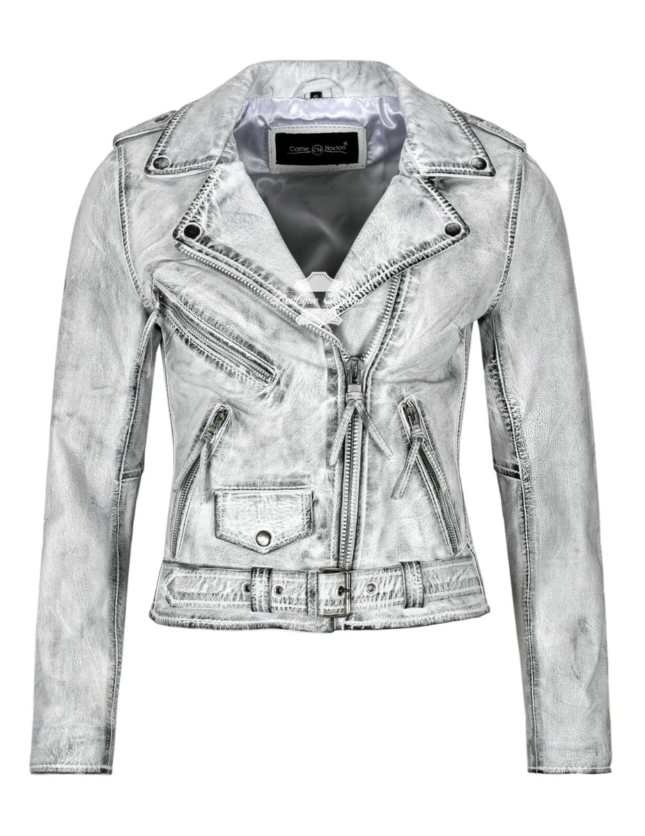 Ladies Gothic Leather Jacket Biker Fashion White Vintage Waxed Distressed  Jacket