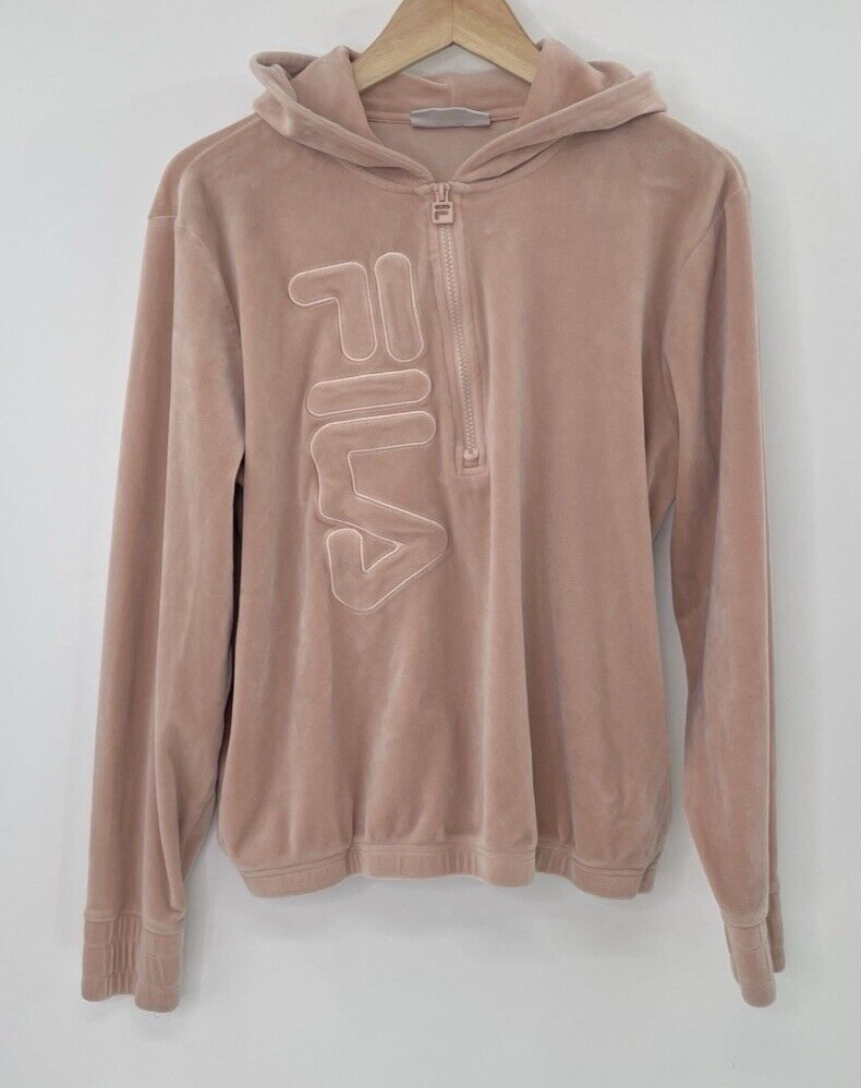 FILA Felpa con Cappuccio Donna Rosa in Velluto Pullover Felpa Quarto Zip Tg L