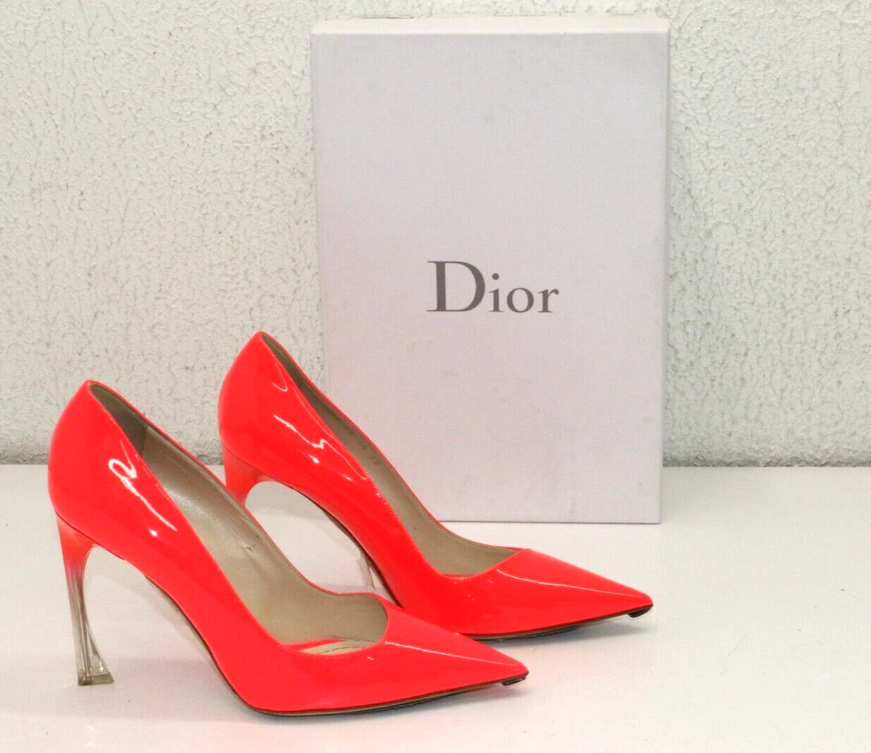 Escarpins Christian Dior néon corail cuir verni lucite talon EU 38 US 8