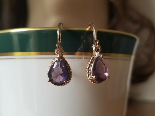 Czech Crystals Purple Gold Plated Dangle Drop Earrings I - Picture 2 of 5