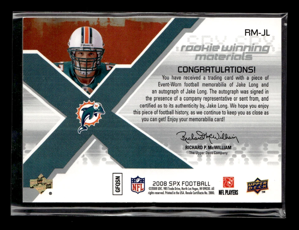 2008 SPx #RM-JL Jake Long 04/25 Rookie Materials AutographsTriple - Image 2 of 2