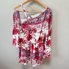 Free People NoMad Boho Off-Shoulder Mini Dress Red & White Floral Print Size S