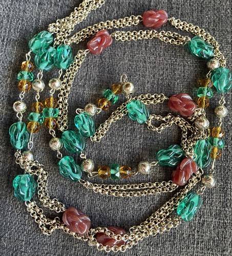 Rare Vintage bohemian Hand Blown Czech Glass Necklace, Gold Tone, Long; 56 Inch