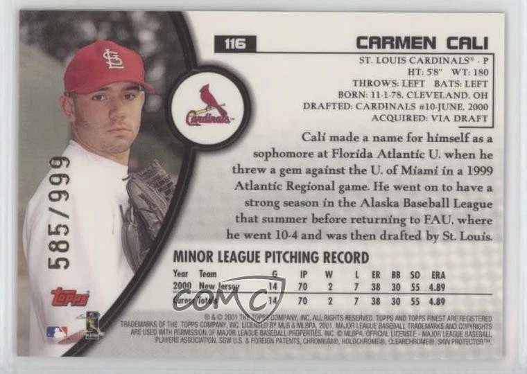 2001 Topps Finest /999 Carmen Cali #116 Rookie RC - Image 2 of 2