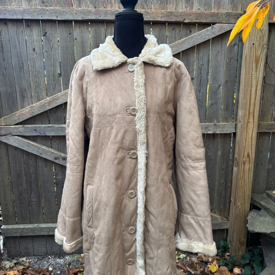 Maxi Abrigo Big Chill Para Mujer Tostado Imitación Gamuza Forrado Sherpa Talla S Penny Lane Boho 70 Foto 4 de 4