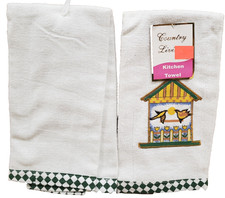 Set of 2 Engraved Kitchen Terry Towels 15"x25" 2 BIRDS SUN, Country Cottage