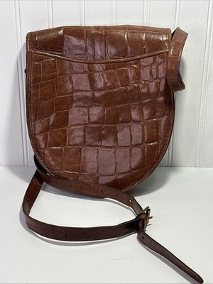 Vintage Mulberry Brown Croc Embossed Leather Crossbody Bag Plaid