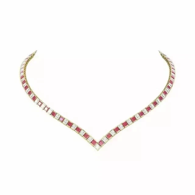 Wedding Tennis Necklace 14K White Gold Plated 18" Princess Lab Created Red Ruby - Image 2 of 3