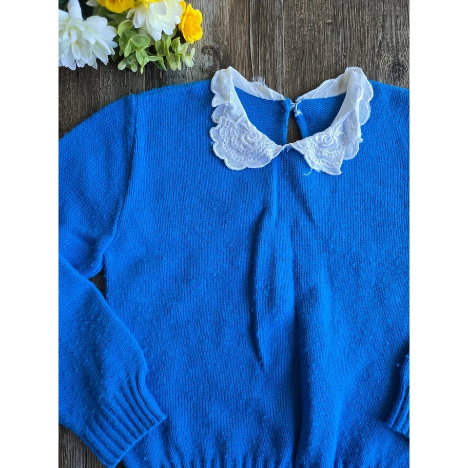 Suéter Vintage J. J. Poole Azul Acrílico Cuello Encaje Hecho en EE. UU. Niñas 4 XS Foto 2 de 4