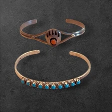 Two (2) Old Pawn Navajo Sterling Silver Baby Cuff Bracelets w/ Turquoise & Coral