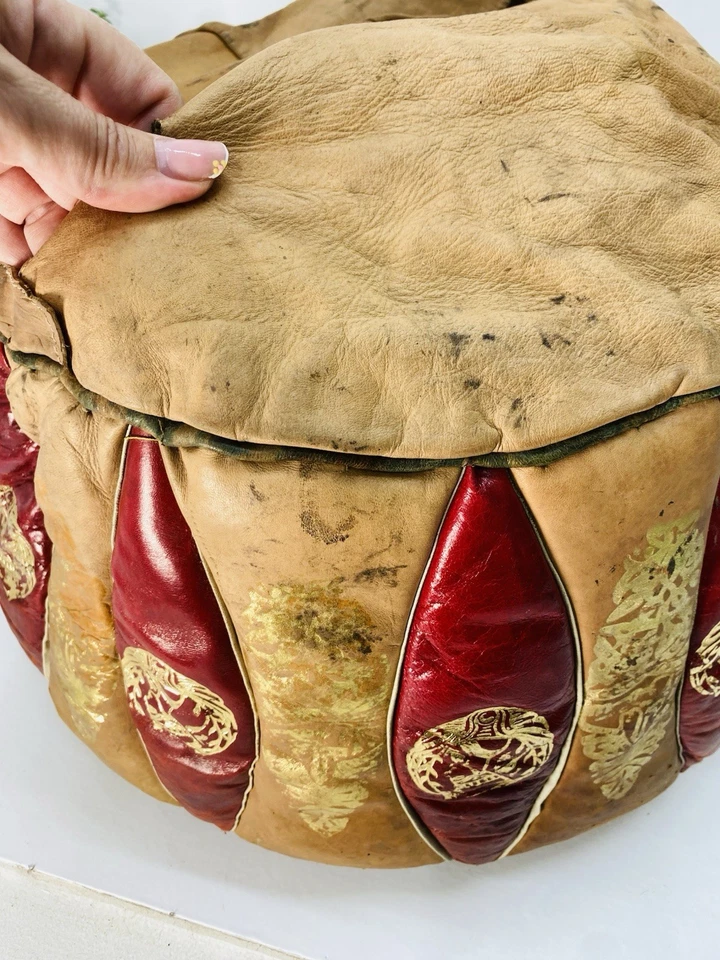 Vintage Mid Century Moroccan “Egyptian” Leather Pouffe Ottoman Footstool 70’s - Image 4 of 4