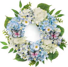 Illuminated Spring Wreath with Blue White Hydrangeas and Eucalyptus - 18