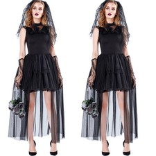 Women Bride Sleeveless Dress with Veil Gloves Halloween Cosplay Costume