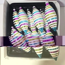 12 Vtg Target Glass Torpedo Christmas Ornaments  5"Pink Green Gold Blue Stripes 