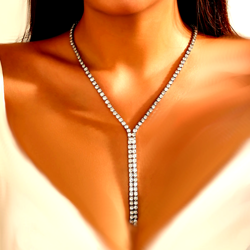 Collana Lunga A Strati In Cristallo E Zirconi – Gioiello Lariat Oro Con Catena Tennis E Goccia, Stile Boho