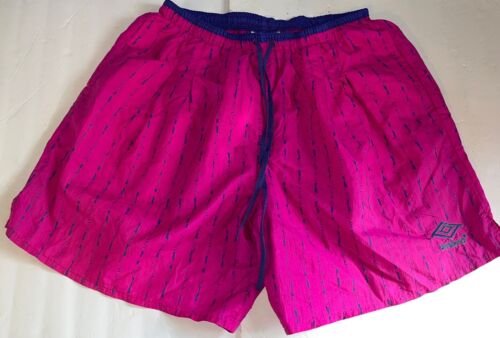 VTG Umbro Repeat Spell Out Sand Soccer Neon Pink Purple Nylon Shorts L Athletic - Picture 1 of 9