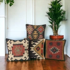 4 Set of Wool Jute Cushion, Home Decor,Handwoven Kilim Pillow, Bohemian Pillow