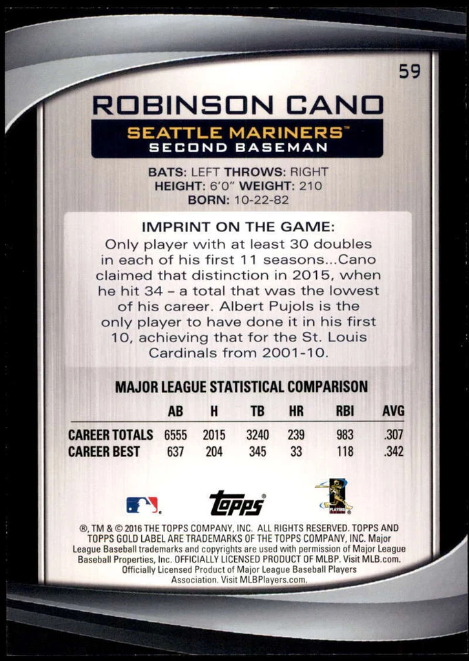 Robinson Cano 2016 Topps Gold Label 5x7 Class 2 Gold #59 /10 Mariners - Image 2 of 2