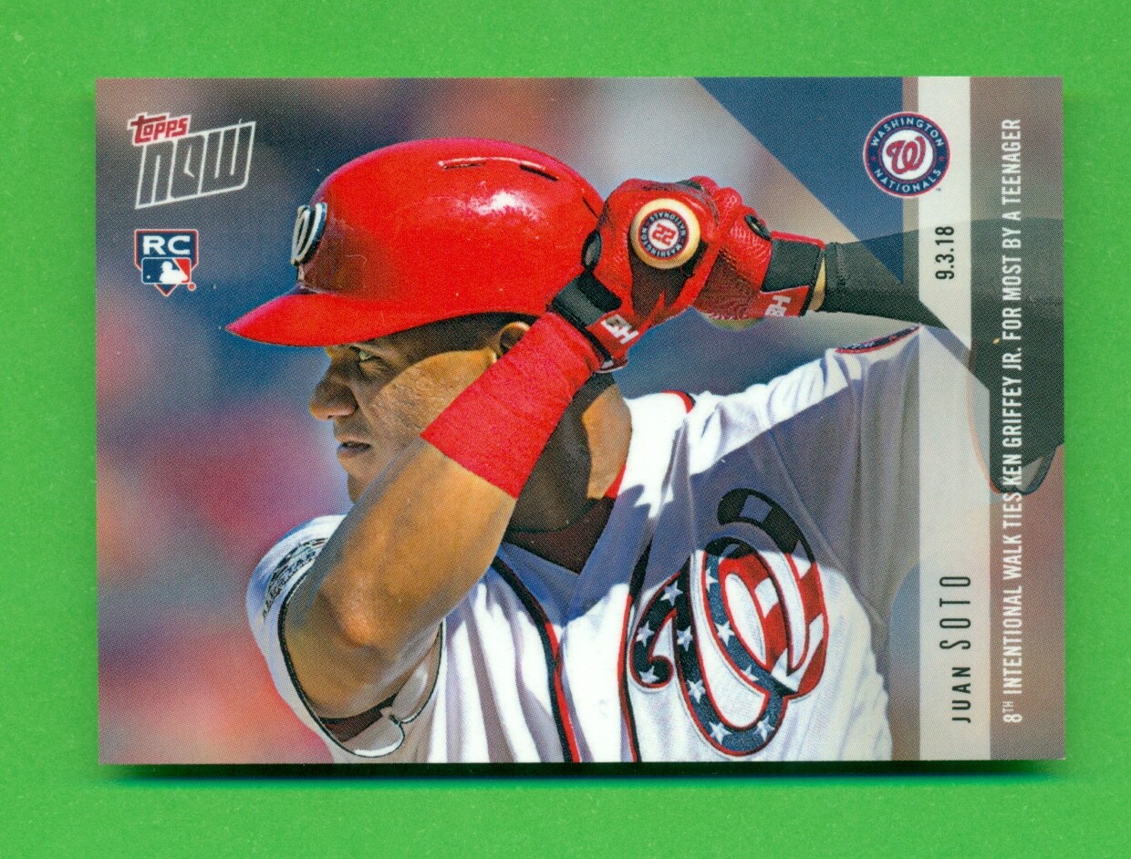 2018 Topps Now #680 Juan Soto 8th Intentional Walk Ties Griffey Jr Record (RC)