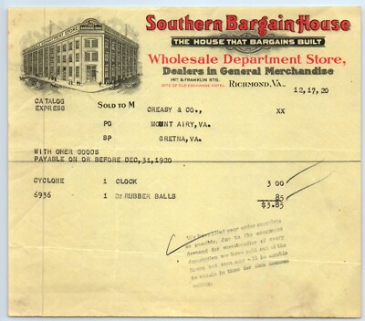 Richmond Virginia Southern Bargain House Portrait Billhead Receipt December 1920