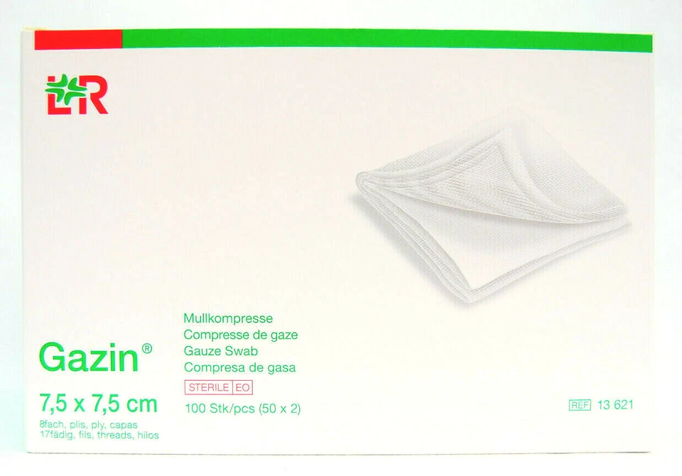 LOHMANN&RAUSCHER 100x Mullkompresse Gazin STERIL 7,5 x 7,5 cm (50x2 Stck.) REF 13621